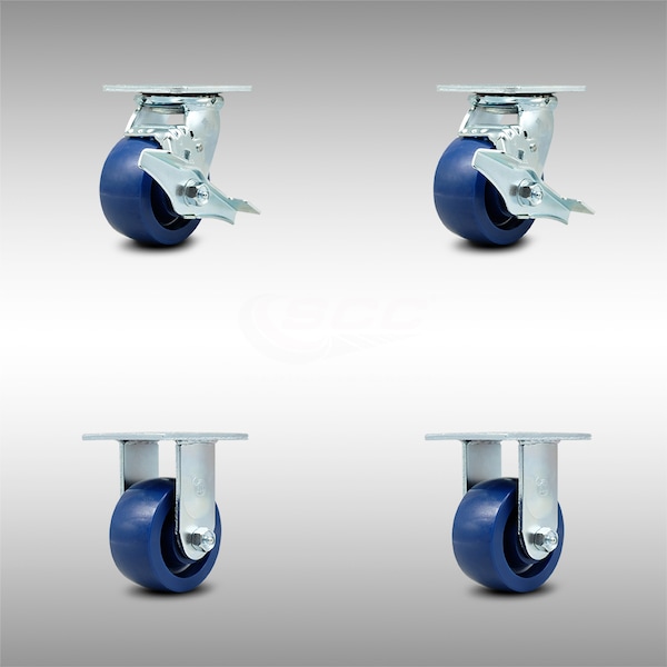4 Inch SS Solid Poly Caster Set with Ball Bearings 2 Brakes 2 Rigid SCC